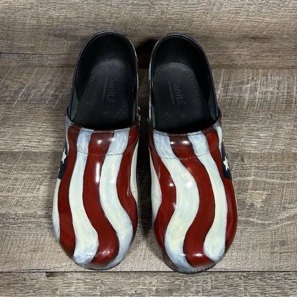 Sanita Hand Painted Clogs Patriotic Stars Stripes Flag Womens 41 EU/9.5-10 US - Picture 5 of 11